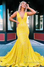 Red Sparkly Deep V Neck Sequin Mermaid Prom Dress