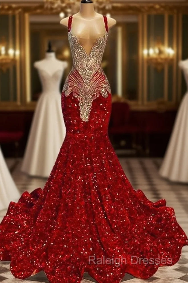 Red Square Mermaid Evening Dress Beads Sequins Long Sleeveless Main image