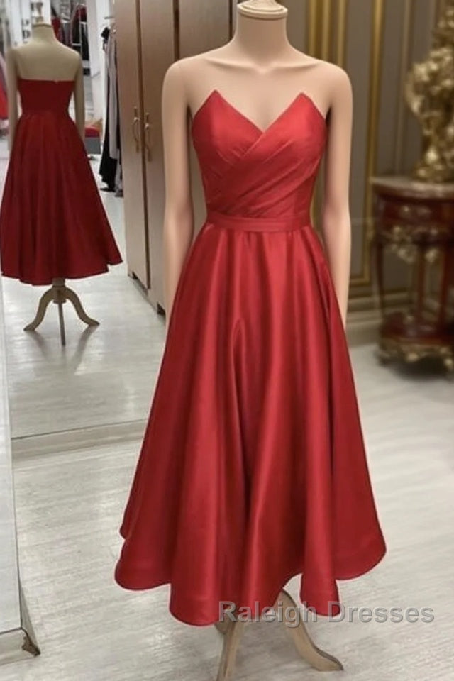 Red Strapless Midi Satin Dress Main image