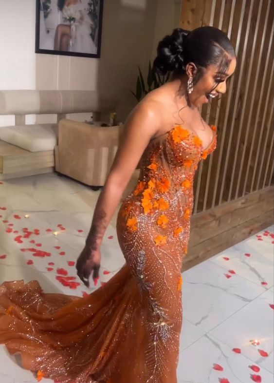 Gorgeous Orange Beaded Applique Mermaid Prom Dresses Long Prom Dresses