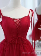 Red Straps Tulle Short Homecoming Dress Prom Dress, Red V Neckline Formal Dresses