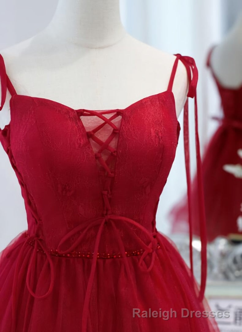 Red Straps Tulle Short Homecoming Dress Prom Dress, Red V Neckline Formal Dresses