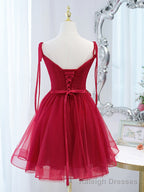 Red Straps Tulle Short Homecoming Dress Prom Dress, Red V Neckline Formal Dresses