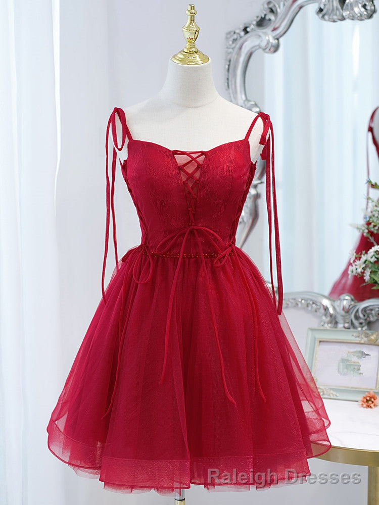 Red Straps Tulle Short Homecoming Dress Prom Dress, Red V Neckline Formal Dresses Main image