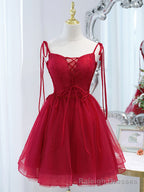 Red Straps Tulle Short Homecoming Dress Prom Dress, Red V Neckline Formal Dresses