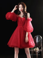 Red Sweetheart Neck Tulle Short Prom Dress Cute Homecoming Dress