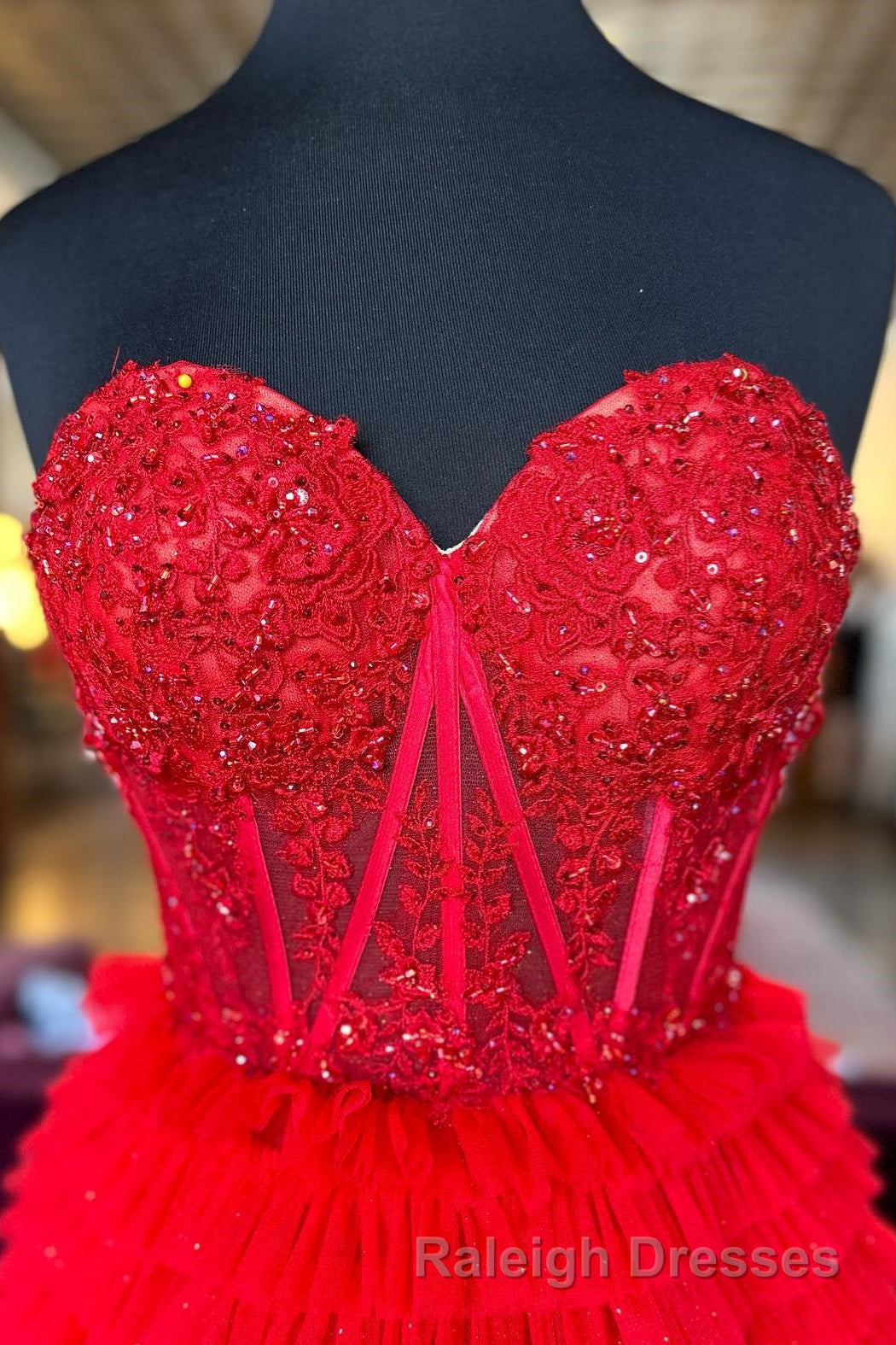 Red Sweetheart Sequins Top Multi-Layers Long Prom Dress,Tiered Formal Dresses Secondary image