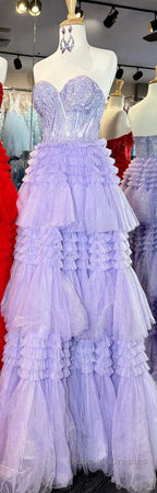 Red Sweetheart Sequins Top Multi-Layers Long Prom Dresses Tiered Prom Dress