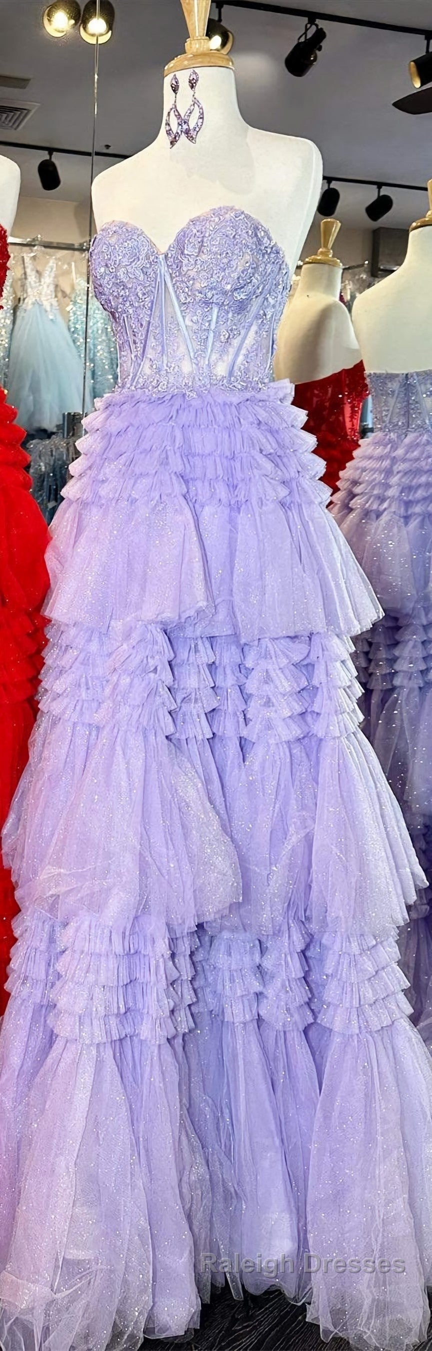 Red Sweetheart Sequins Top Multi-Layers Long Prom Dresses Tiered Prom Dress