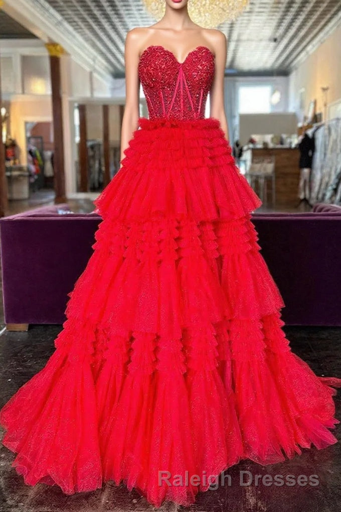 Red Sweetheart Sequins Top Multi-Layers Long Prom Dress,Tiered Formal Dresses