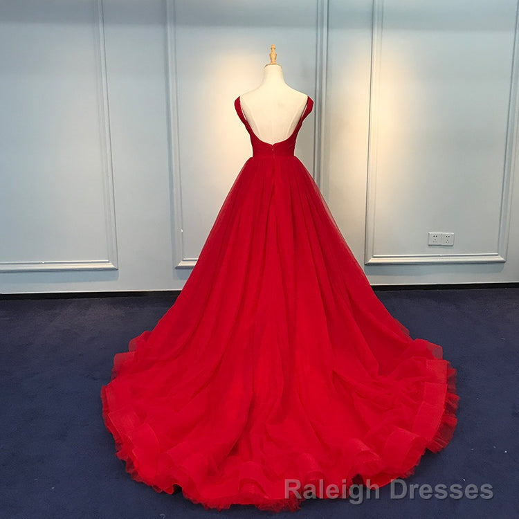 Red Sweetheart Straps Long Ball Gowns Prom Dress, Red Tulle Prom Dress Secondary image