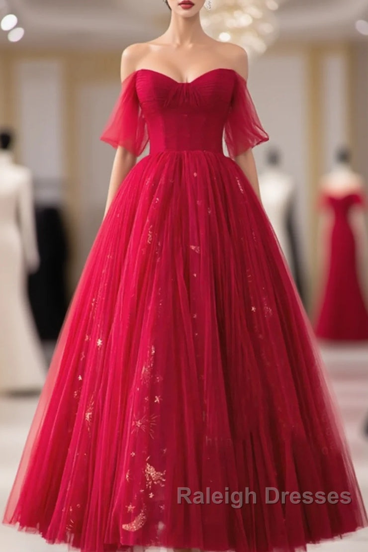 Red Sweetheart Tulle Long Formal Dress, Red Off Shoulder Party Dress Prom Dress Main image
