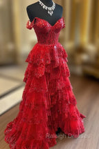 Red Sweetheart Tulle Off Shoulder Layers Long Party Dress, A-Line Red Tulle Prom Dress