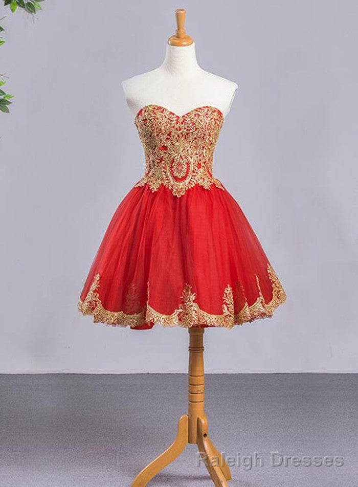Red Sweetheart Tulle Short Homecoming Dress with Gold Applique, Short Formal Dresses Main image