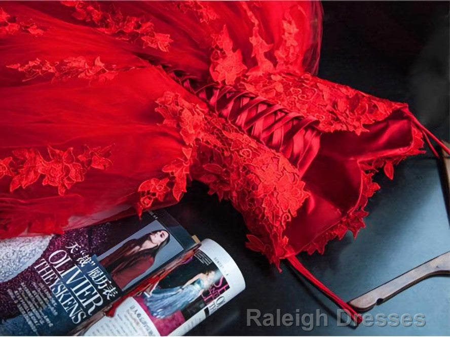 Red Sweetheart Tulle with Applique Party Dress , Tulle Formal Gowns