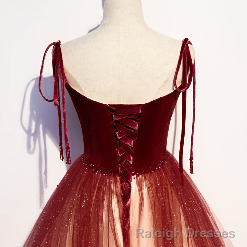 Red Sweetheart Velvet and Tulle Straps Long Party Dress, Gradient Tulle A-line Prom Dress