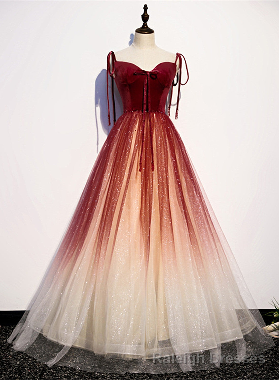 Red Sweetheart Velvet and Tulle Straps Long Prom Dress, Gradient Tulle A Line Prom Dress