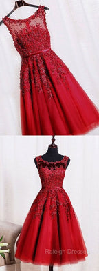 Red Tea Length Round Homecoming Dress Lace Applique Red Prom Dresses Vintage Style Prom Dresses
