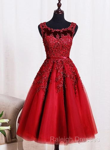Red Tea Length Round Homecoming Dress Lace Applique Red Prom Dresses Vintage Style Prom Dresses