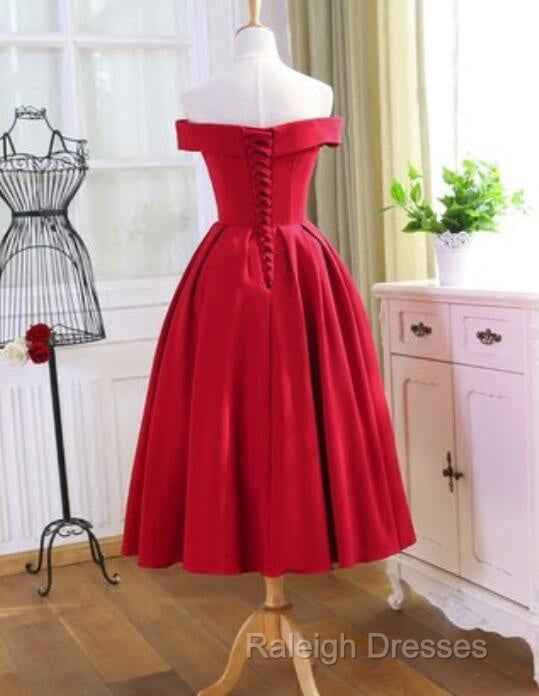 Red Tea Length Vintage Style Wedding Party Dress, Off Shoulder Formal Dress, Red Party Dress Secondary image