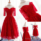 Red Three-Quarter Sleeve Sweetheart Off Shoulder Tea-Length Lace Up Back Homecoming Dresses