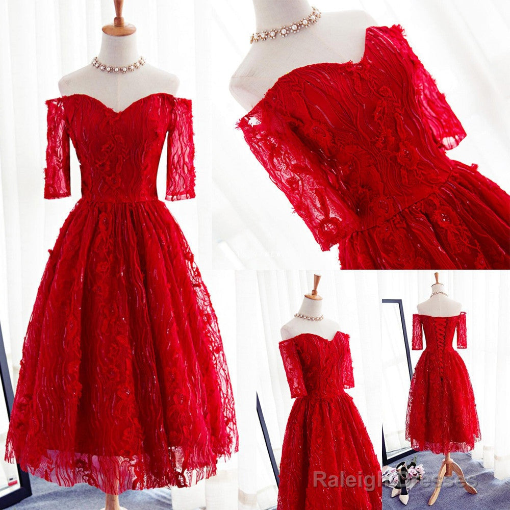 Red Three-Quarter Sleeve Sweetheart Off Shoulder Tea-Length Lace Up Back Homecoming Dresses