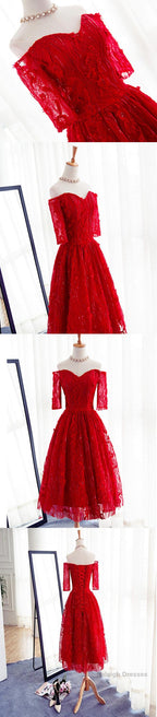 Red Three-Quarter Sleeve Sweetheart Off Shoulder Tea-Length Lace Up Back Homecoming Dresses