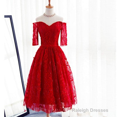 Red Three-Quarter Sleeve Sweetheart Off Shoulder Tea-Length Lace Up Back Homecoming Dresses