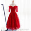 Red Three-Quarter Sleeve Sweetheart Off Shoulder Tea-Length Lace Up Back Homecoming Dress