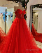 Red Tulle Ball Gown Corset Appliques Dress