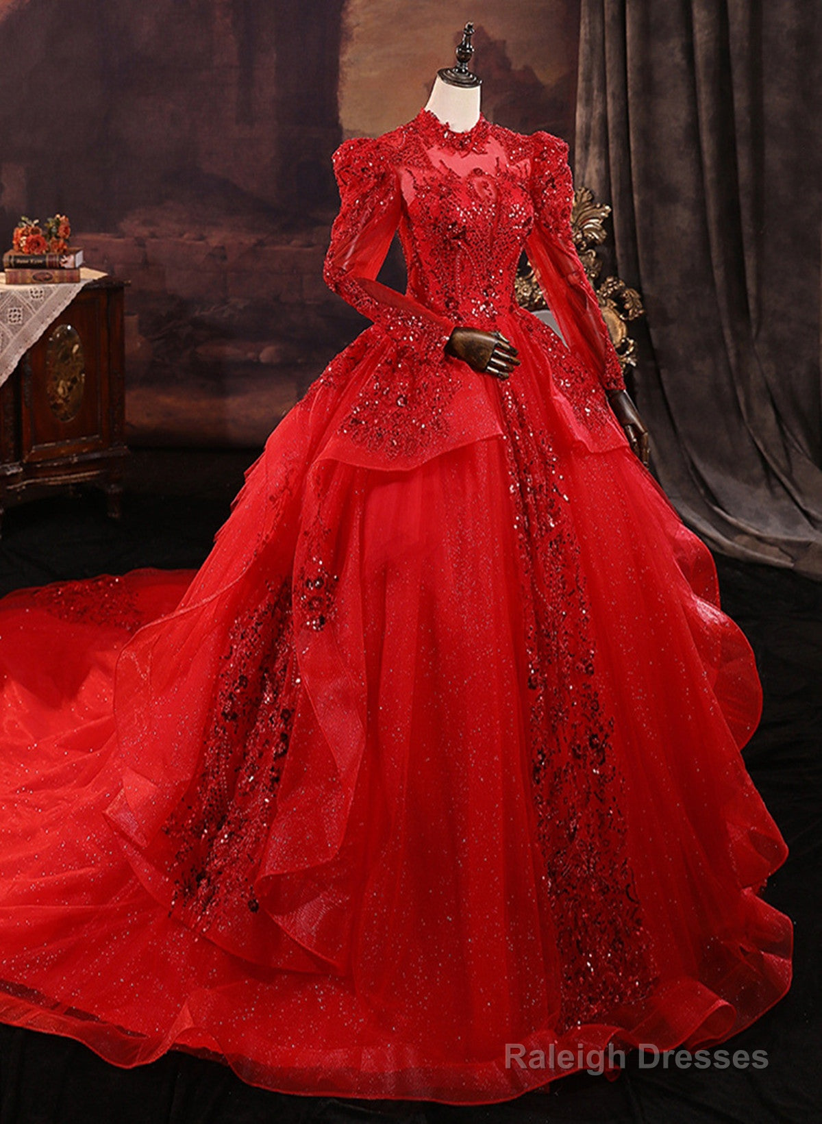 Red Tulle Ball Gown Long Sleeves Sequins Wedding Party Dress, Red Tulle Formal Dress Secondary image
