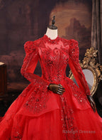 Red Tulle Ball Gown Long Sleeves Sequins Wedding Party Dress, Red Tulle Formal Dress