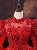 Red Tulle Ball Gown Long Sleeves Sequins Wedding Party Dress, Red Tulle Formal Dress