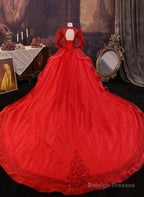 Red Tulle Ball Gown Long Sleeves Sequins Wedding Party Dress, Red Tulle Formal Dress