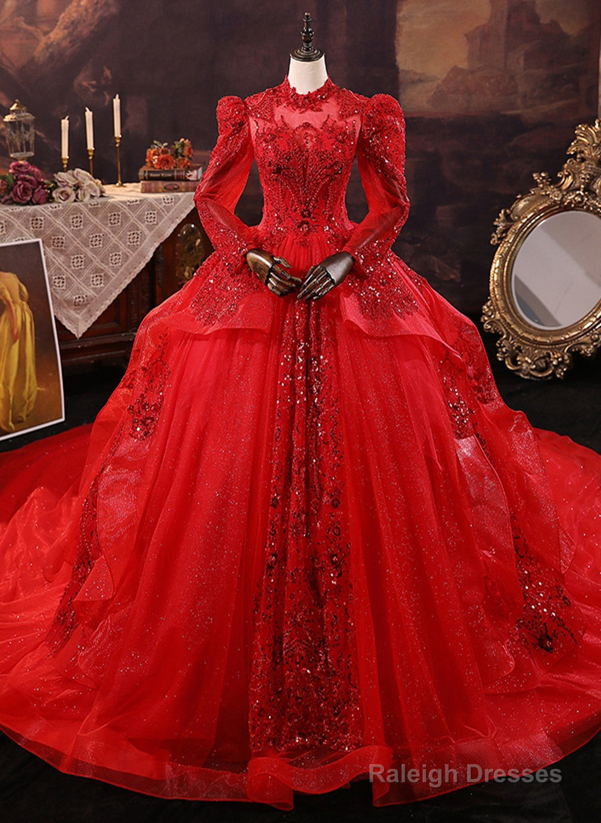 Red Tulle Ball Gown Long Sleeves Sequins Wedding Party Dress, Red Tulle Formal Dress