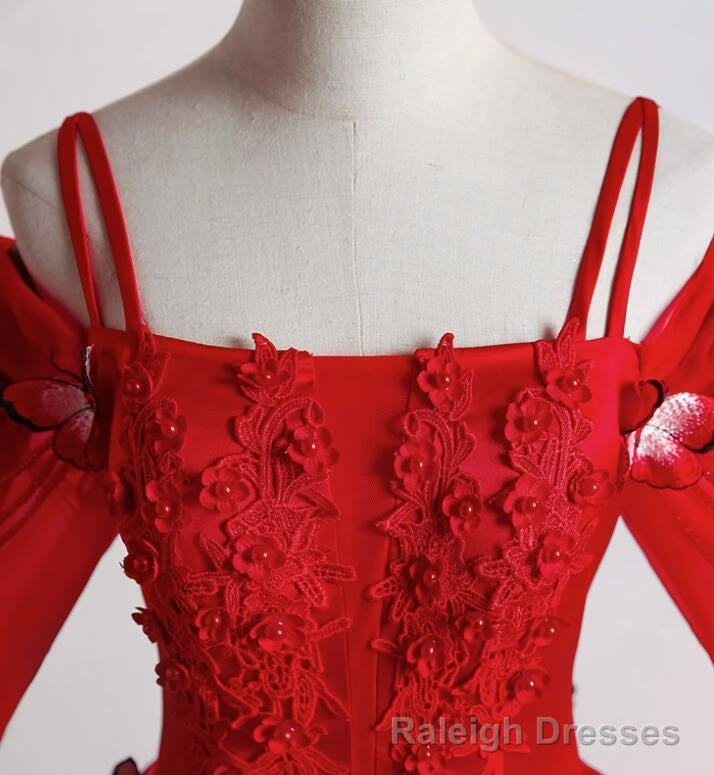 Red Tulle Ball Gown Off Shoulder Long Party Dress, Red Sweet 16 Dresses