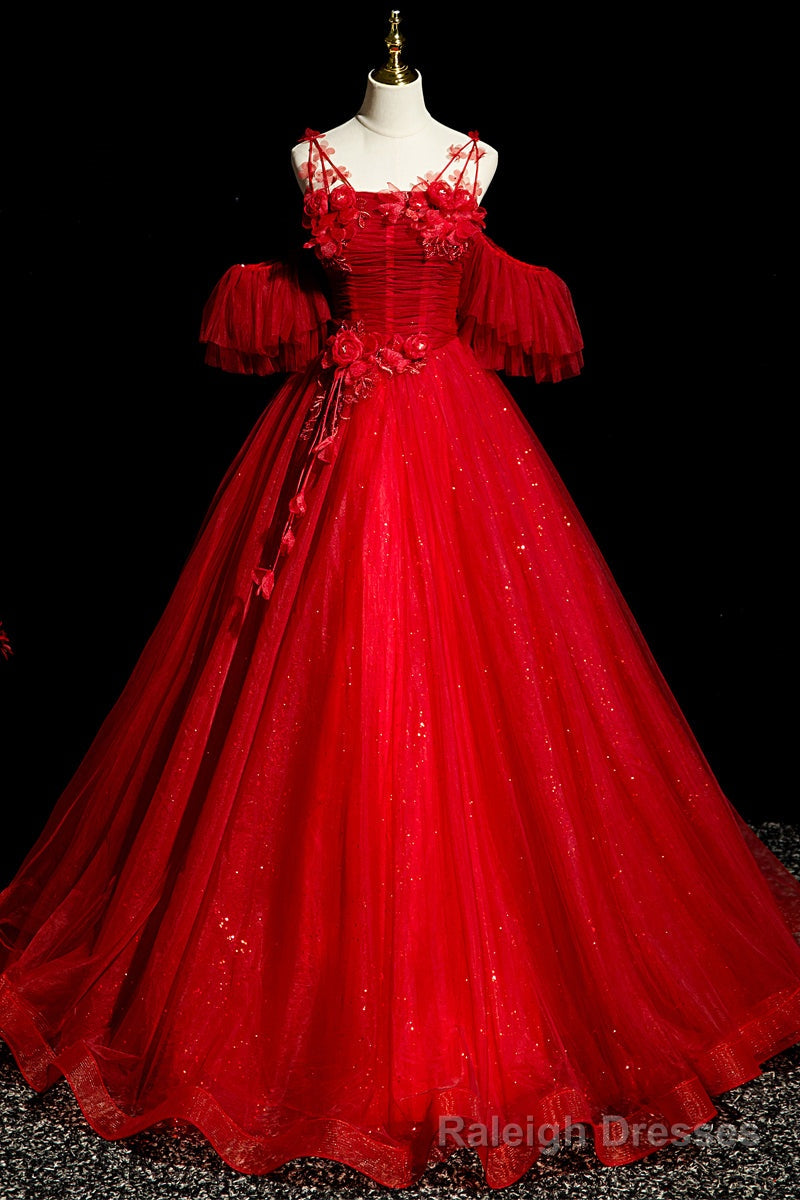 Red Tulle Ball Gown Off Shoulder Sweet 16 Formal Dresses, Red Evening Gown Party Dress