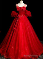 Red Tulle Ball Gown Off Shoulder Sweet 16 Formal Dresses, Red Evening Gown Party Dress