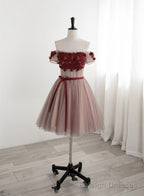 Red Tulle Beaded and Lace Short Prom Dresses, Off Shoulder Prom Dresses