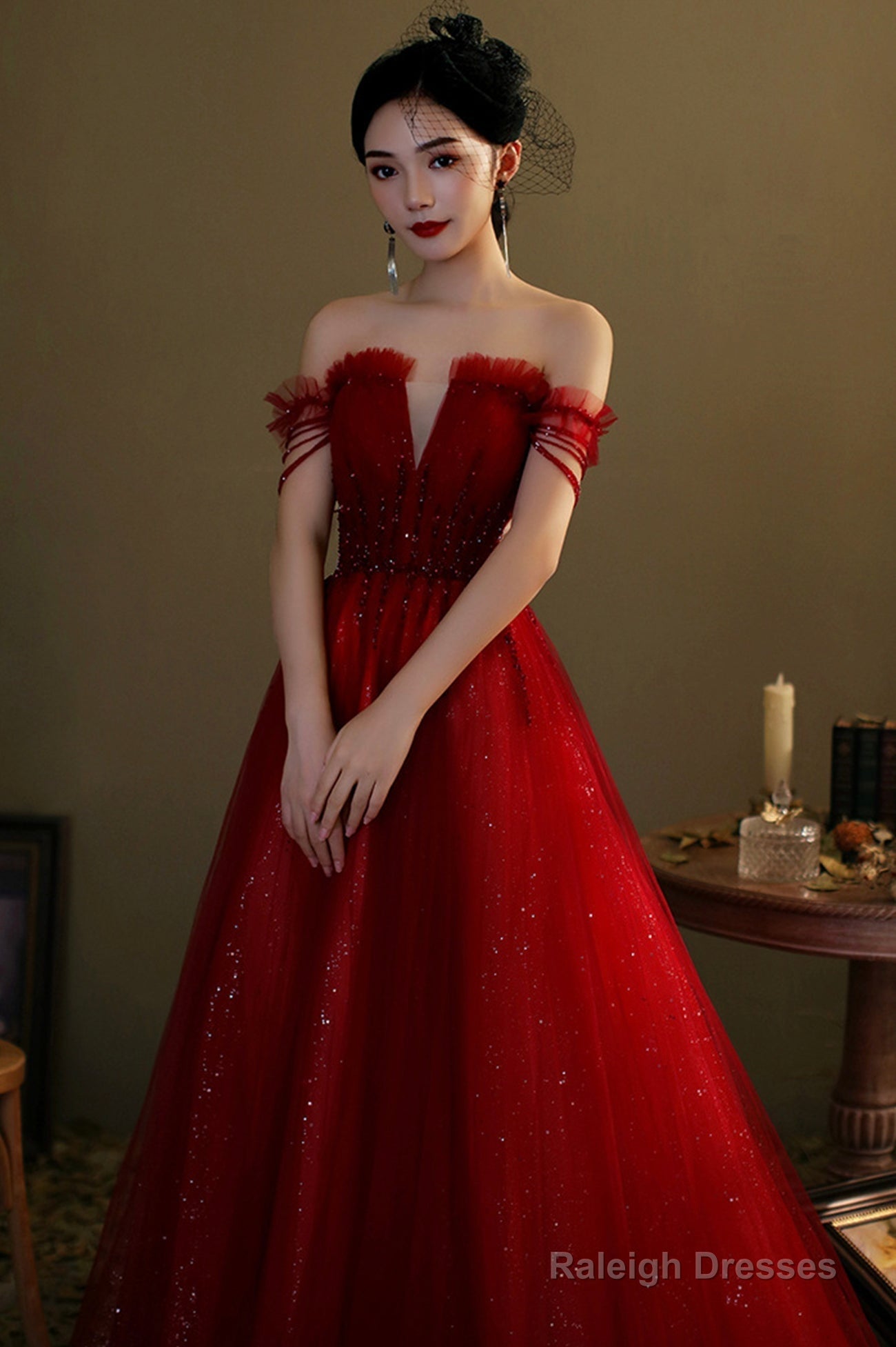 Red Tulle Beaded Long Prom Dress, A-Line Off The Shoulder Evening Dress