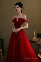 Red Tulle Beaded Long Prom Dress, A-Line Off The Shoulder Evening Dress