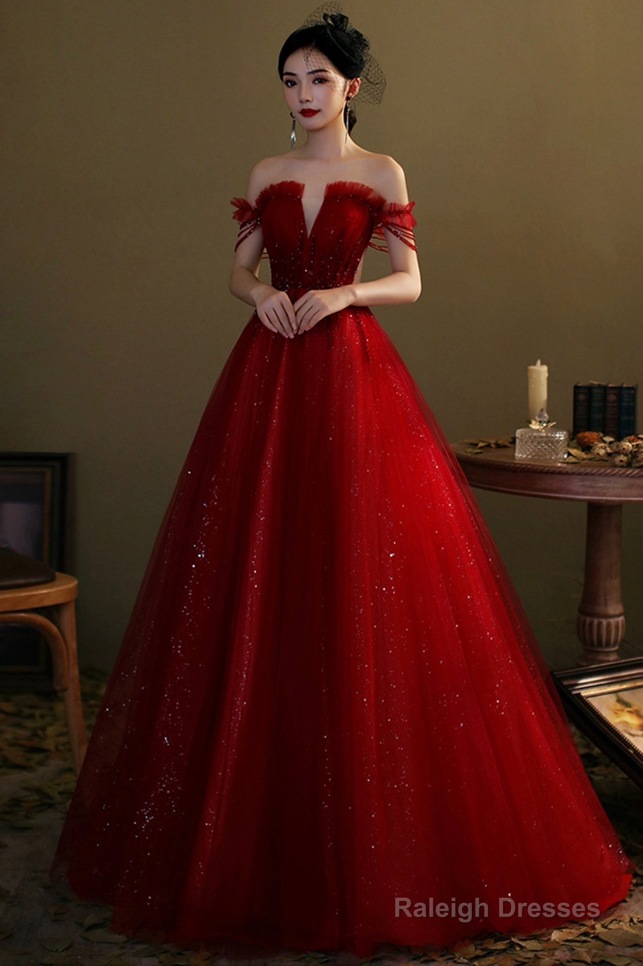 Red Tulle Beaded Long Prom Dress, A-Line Off The Shoulder Evening Dress