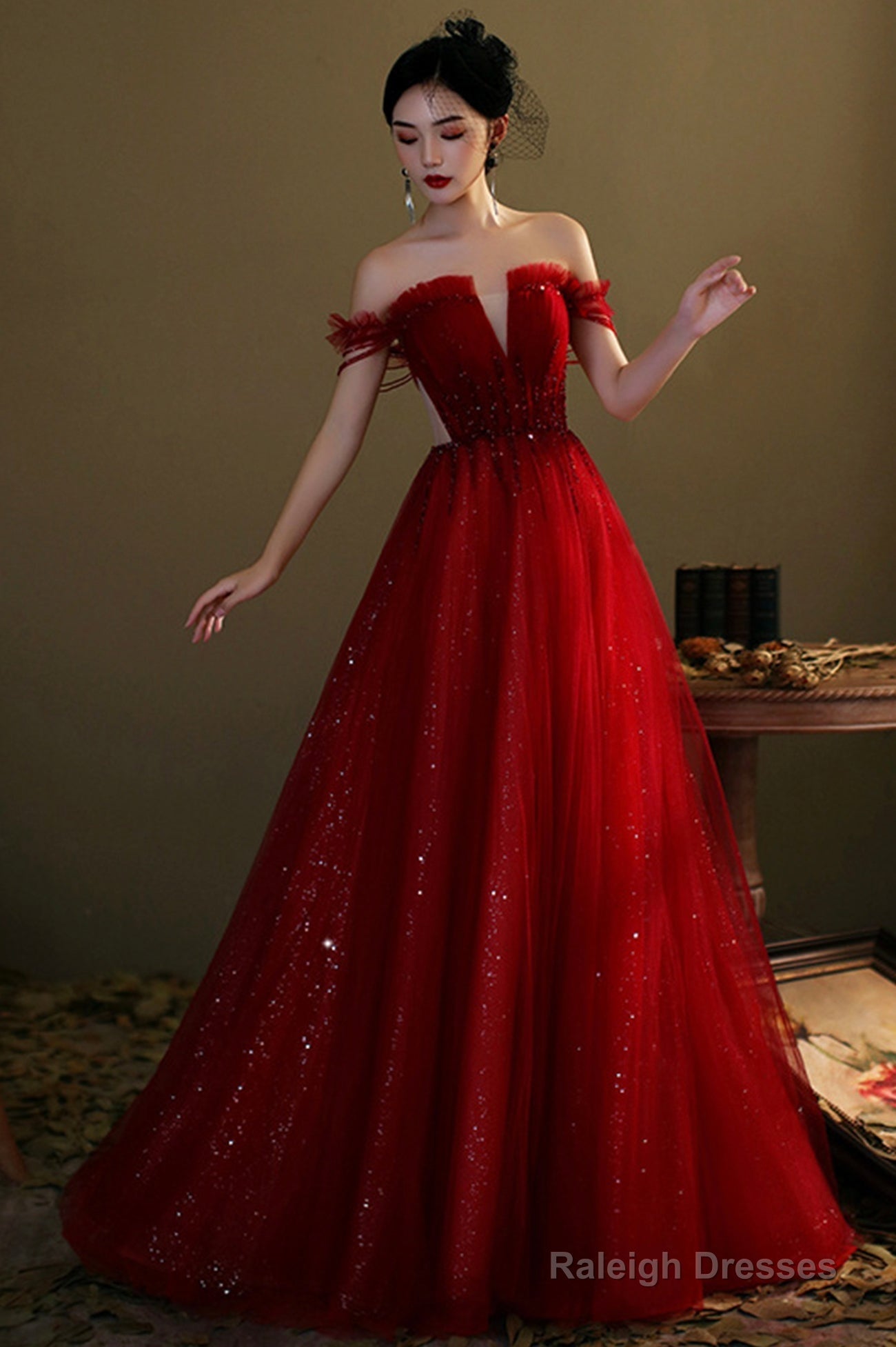 Red Tulle Beaded Long Prom Dress, A-Line Off The Shoulder Evening Dress Main image