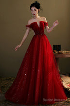 Red Tulle Beaded Long Prom Dress, A-Line Off The Shoulder Evening Dress