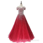 Red Tulle Beaded Off The Shoulder Long Party Gown, Red Formal Dresses
