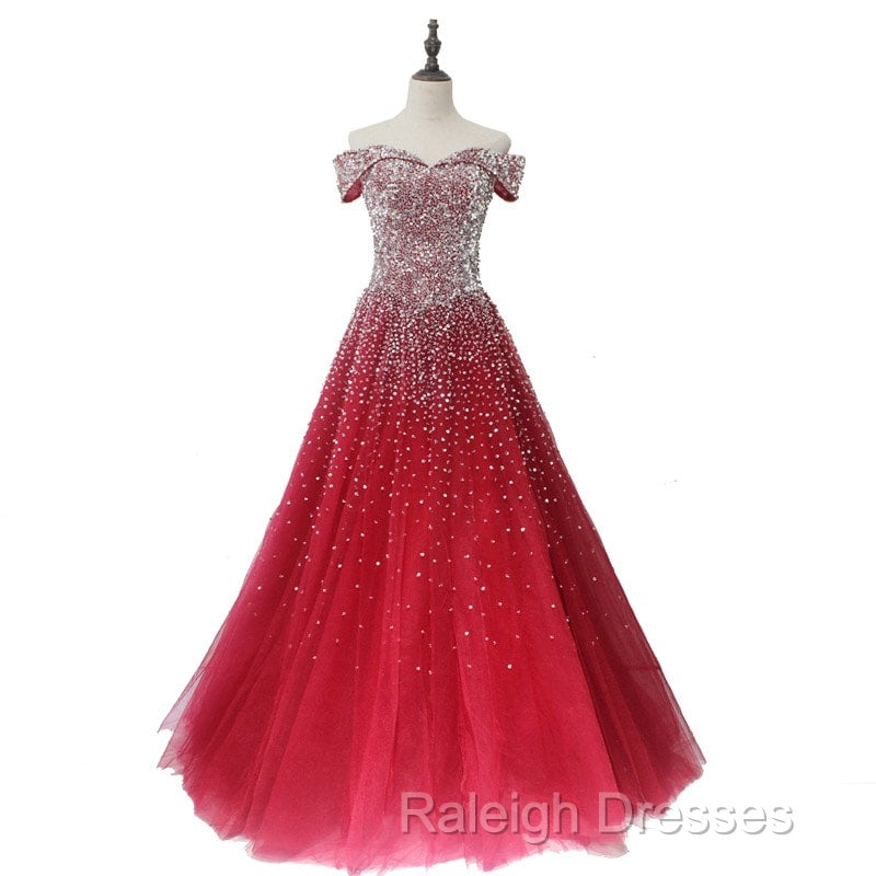 Red Tulle Beaded Off The Shoulder Long Party Gown, Red Formal Dresses