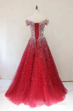 Red Tulle Beaded Off The Shoulder Long Party Gown, Red Formal Dresses