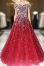 Red Tulle Beaded Off The Shoulder Long Party Gown, Red Formal Dresses