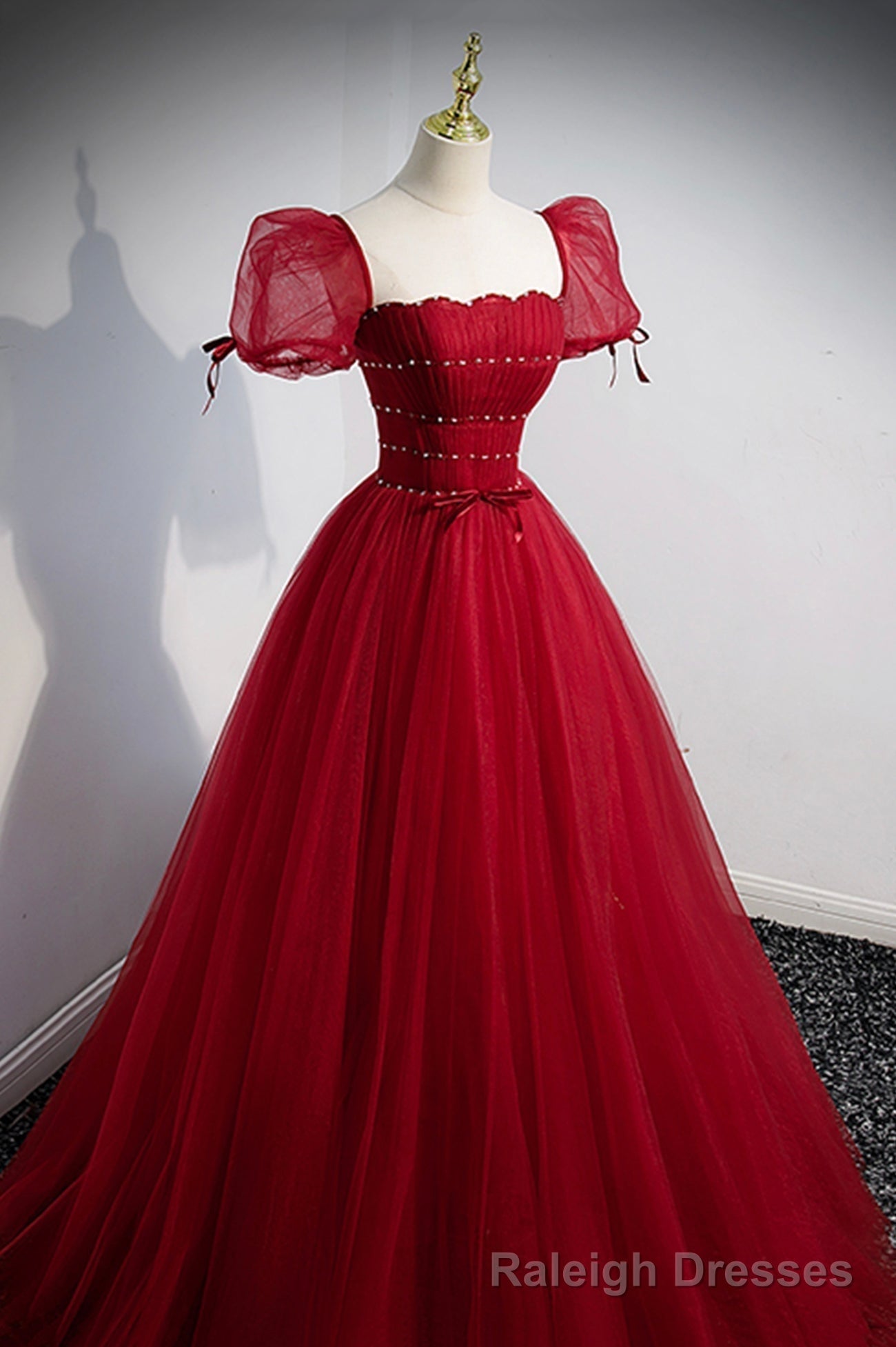 Red Tulle Floor Length Evening Party Dress, Red Short Sleeve Graduation Dress Main image