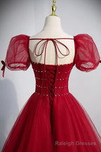 Red Tulle Floor Length Prom Prom Dress, Red Short Sleeve Graduation Dress